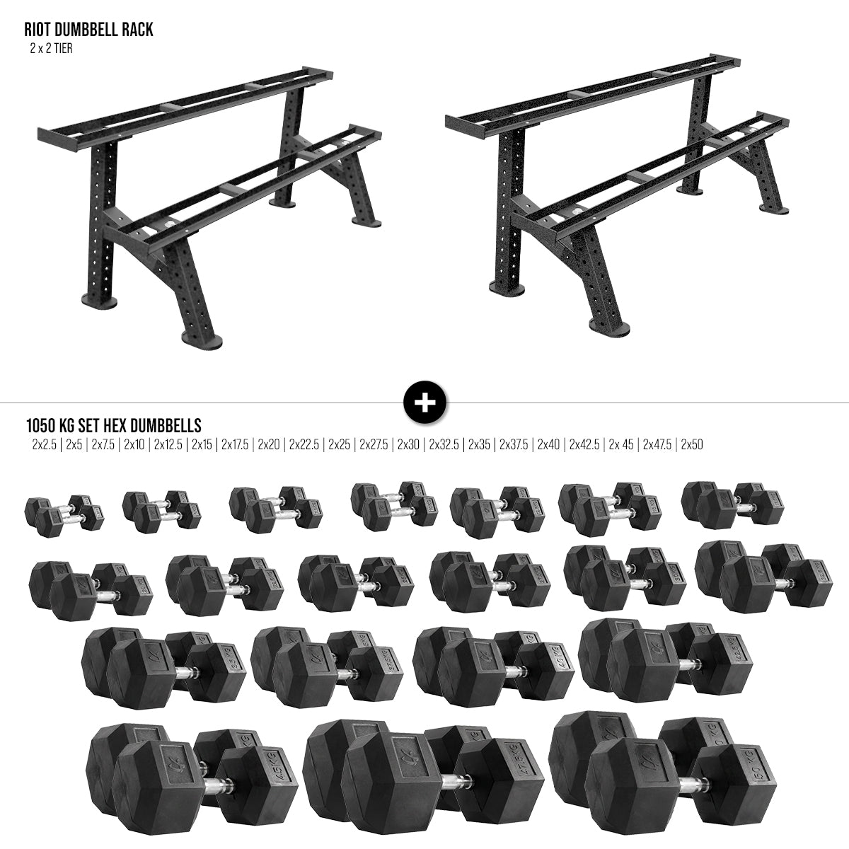 Riot 2-Tier Dumbbell Rack + Hex Dumbbell Set - 390kg - 1050kg - Strength Shop
