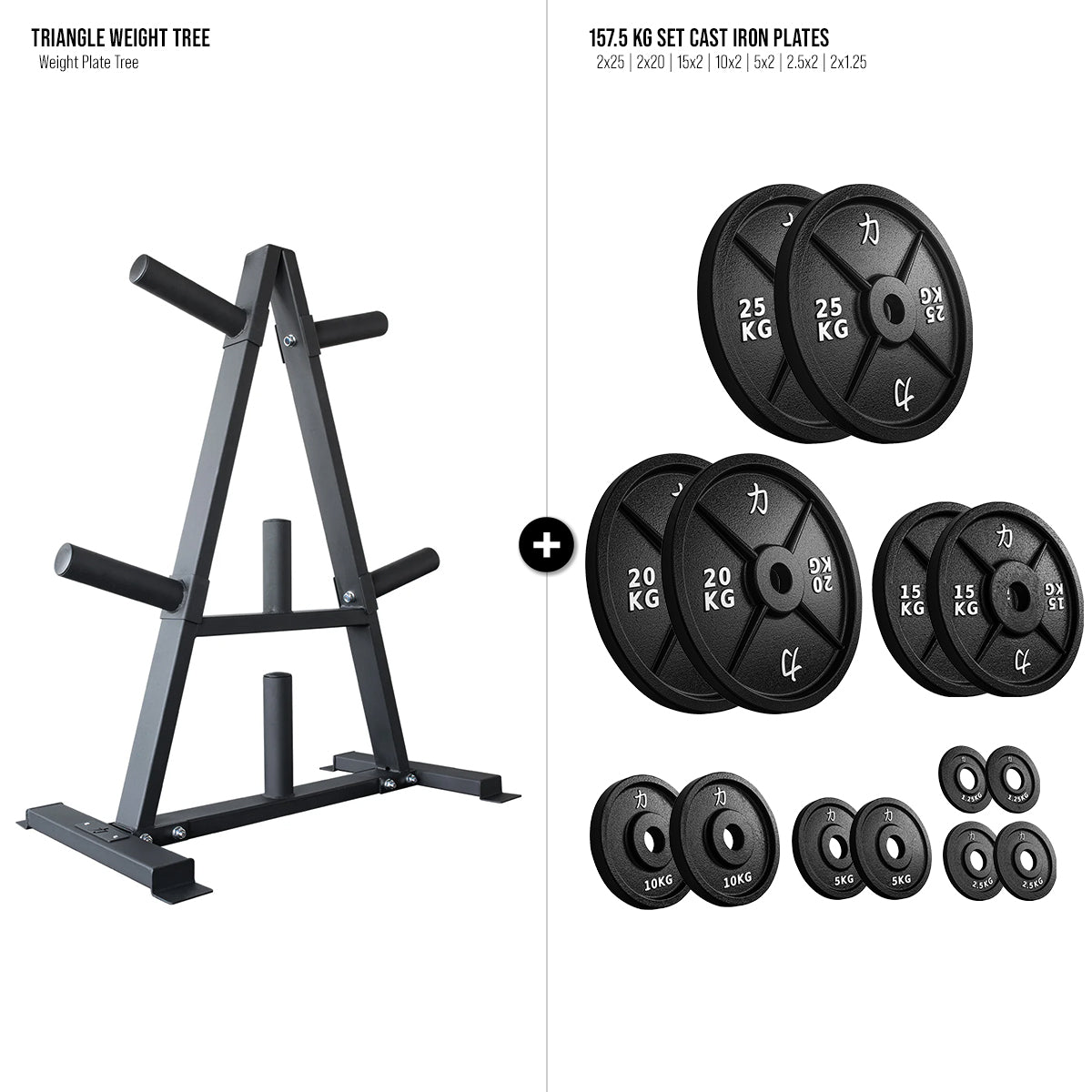 Weight Plate Tree Set - Triangle Storage Rack + Riot Cast Iron Plates - Strength Shop
