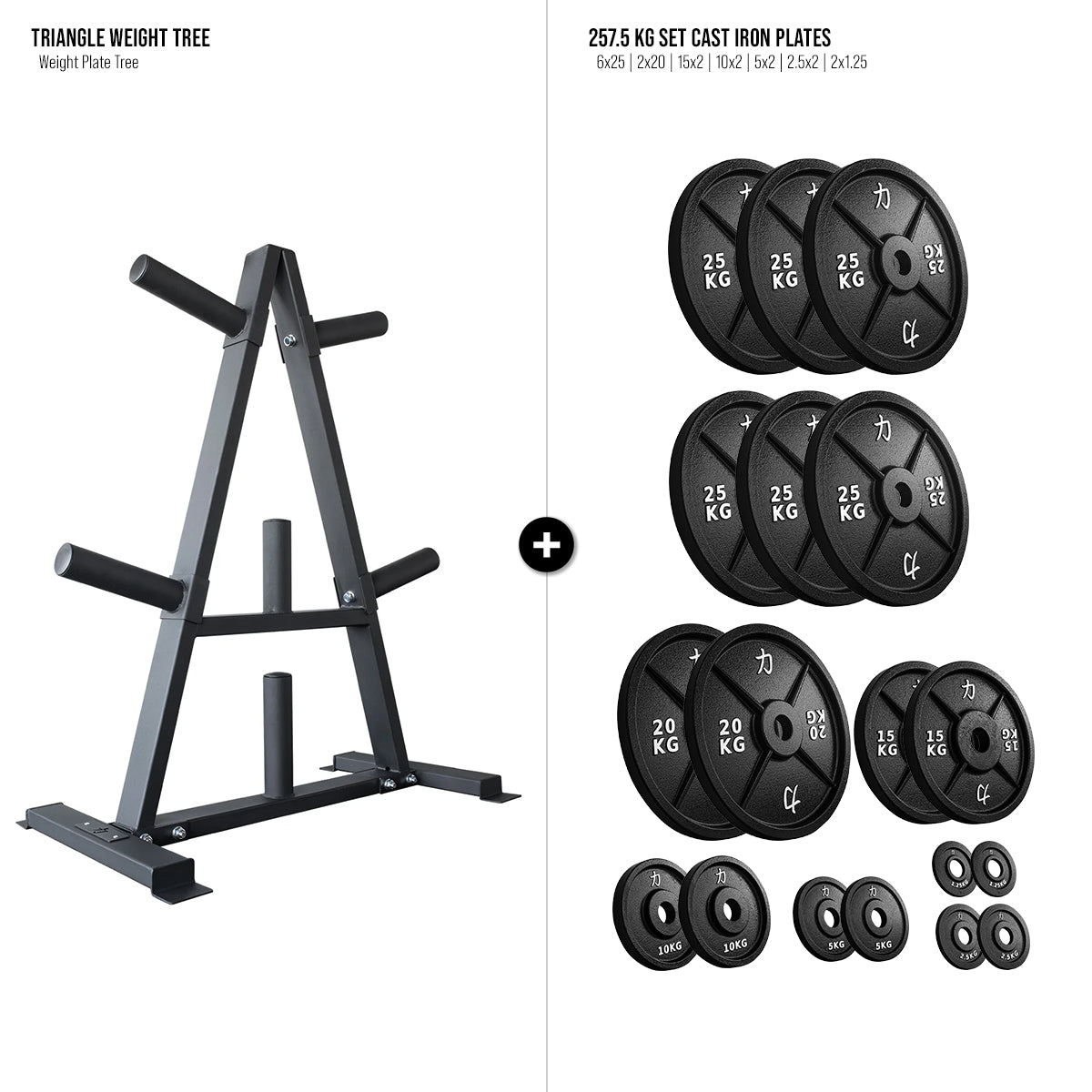Weight Plate Tree Set - Triangle Storage Rack + Riot Cast Iron Plates - Strength Shop