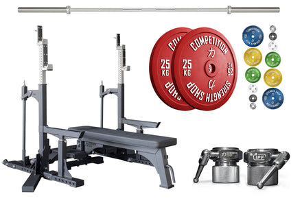 Competition Powerlifting Set: Pro Combo Rack + Calibrated Plates + Bastard Bar + Collars - Strength Shop