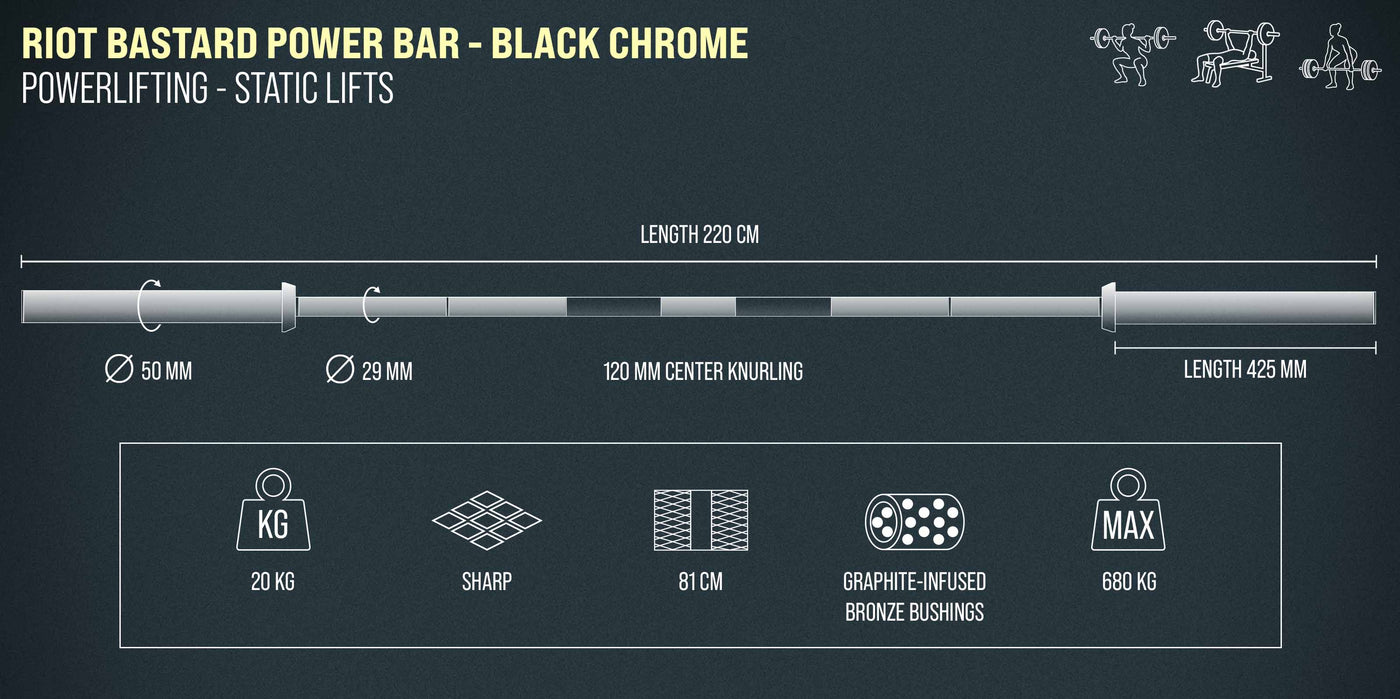 Riot Bastard Power Bar, 20 kg - Black Chrome - Strength Shop