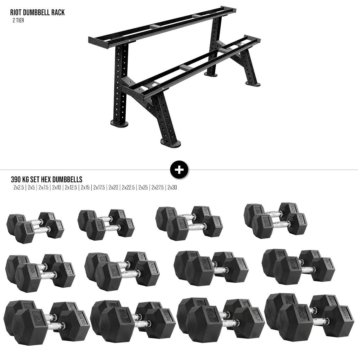 Riot 2-Tier Dumbbell Rack + Hex Dumbbell Set - 390kg - 1050kg - Strength Shop