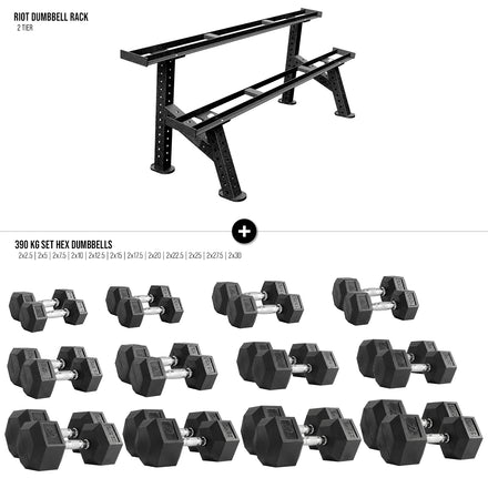 Riot 2-Tier Dumbbell Rack + Hex Dumbbell Set - 390kg - 1050kg - Strength Shop